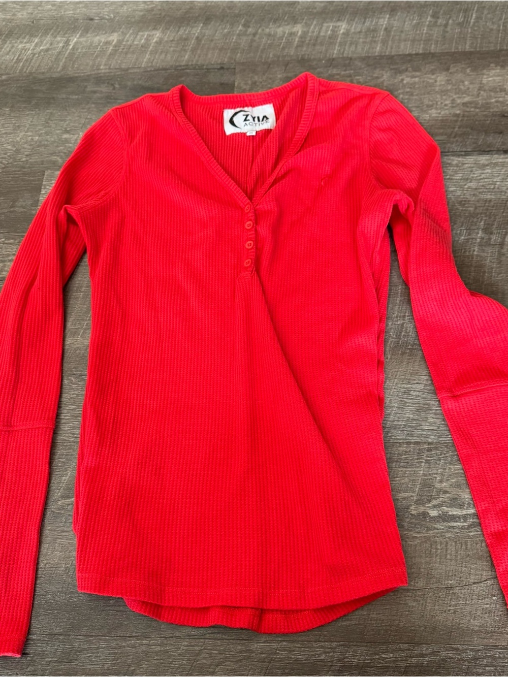 Zyia Active Don't Wake Me Red Long Sleeve Ribbed Henley Top